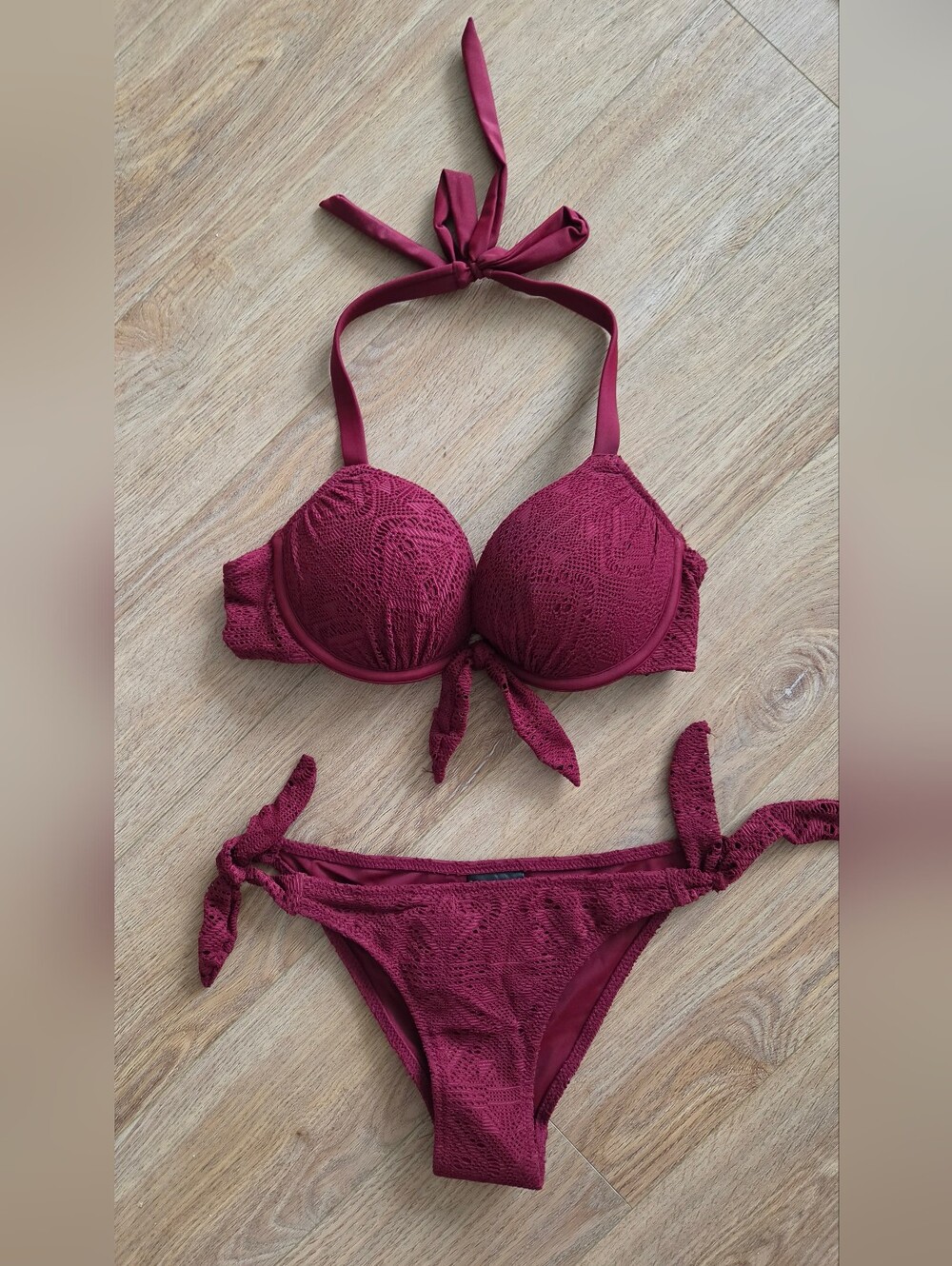 H&M Burgundy Crochet Tie Bikini Set